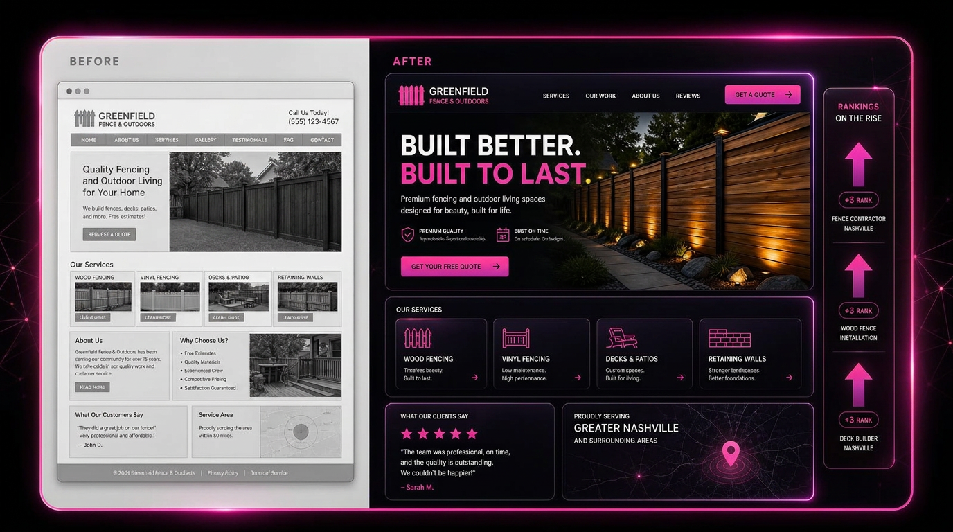 Before and after website redesign for a Fencing & outdoor living business