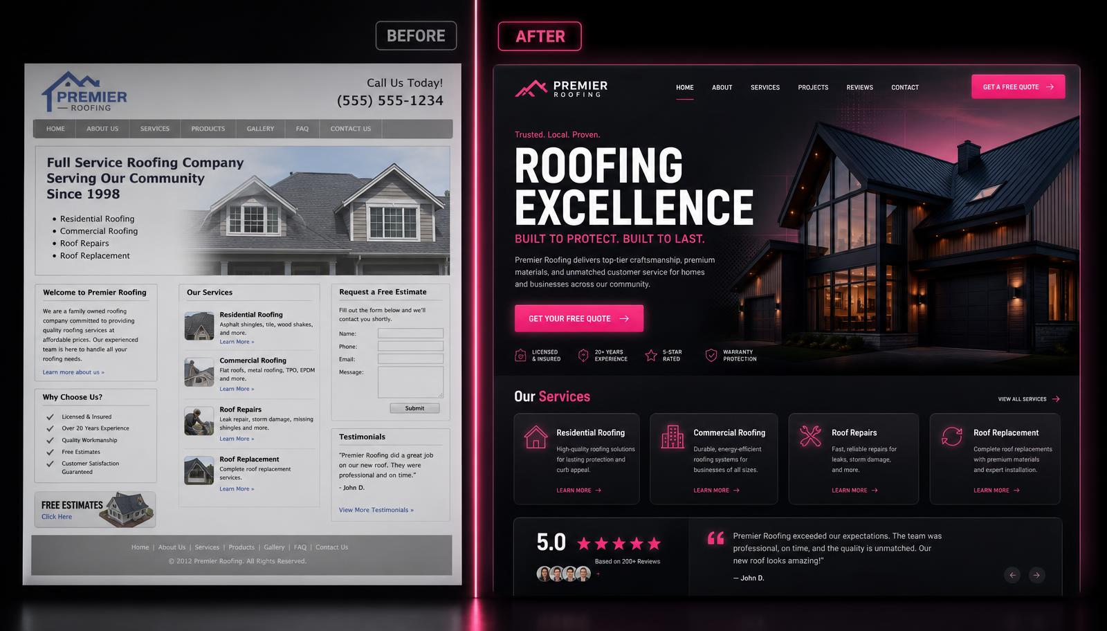Before and after website redesign for a Roofing business