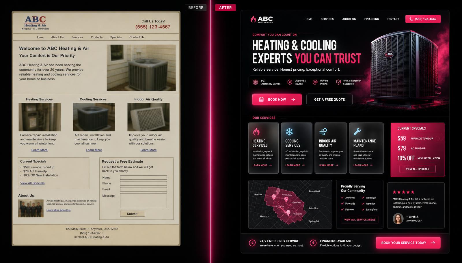 Before and after website redesign for a HVAC business