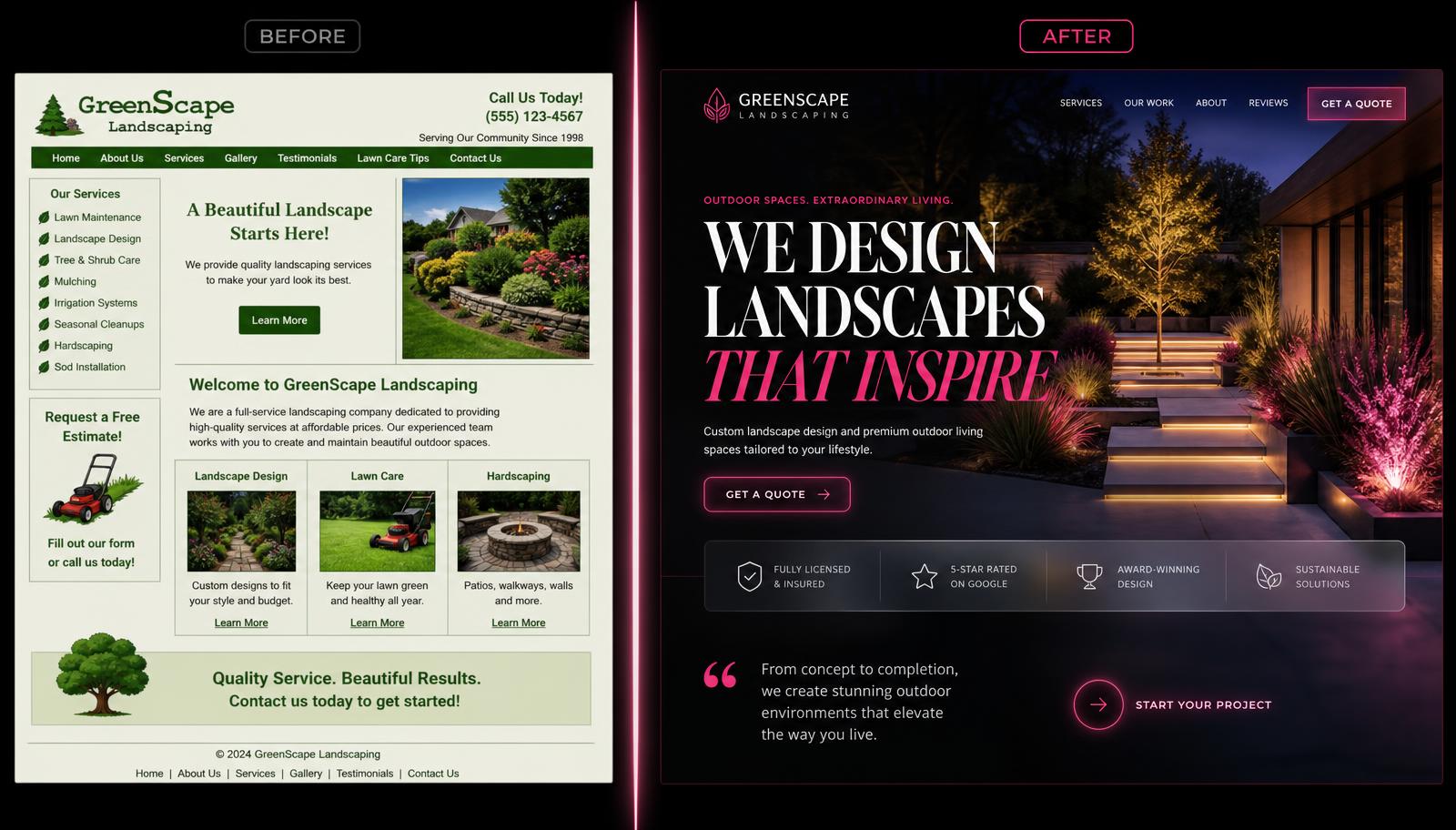 Before and after website redesign for a Landscaping & hardscape business