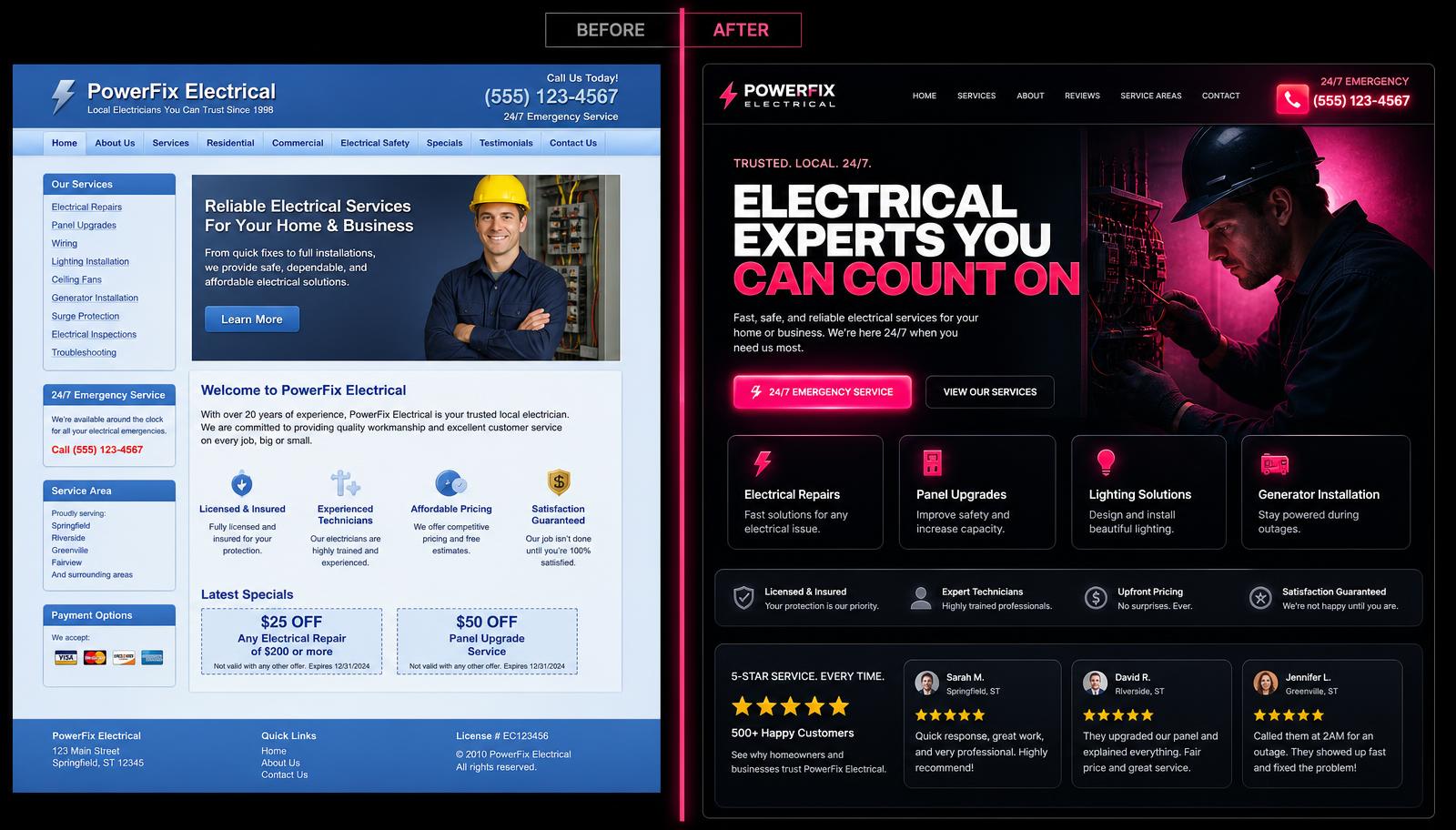 Before and after website redesign for a Electrical business
