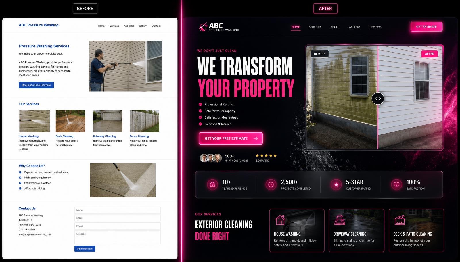 Before and after website redesign for a Pressure washing business